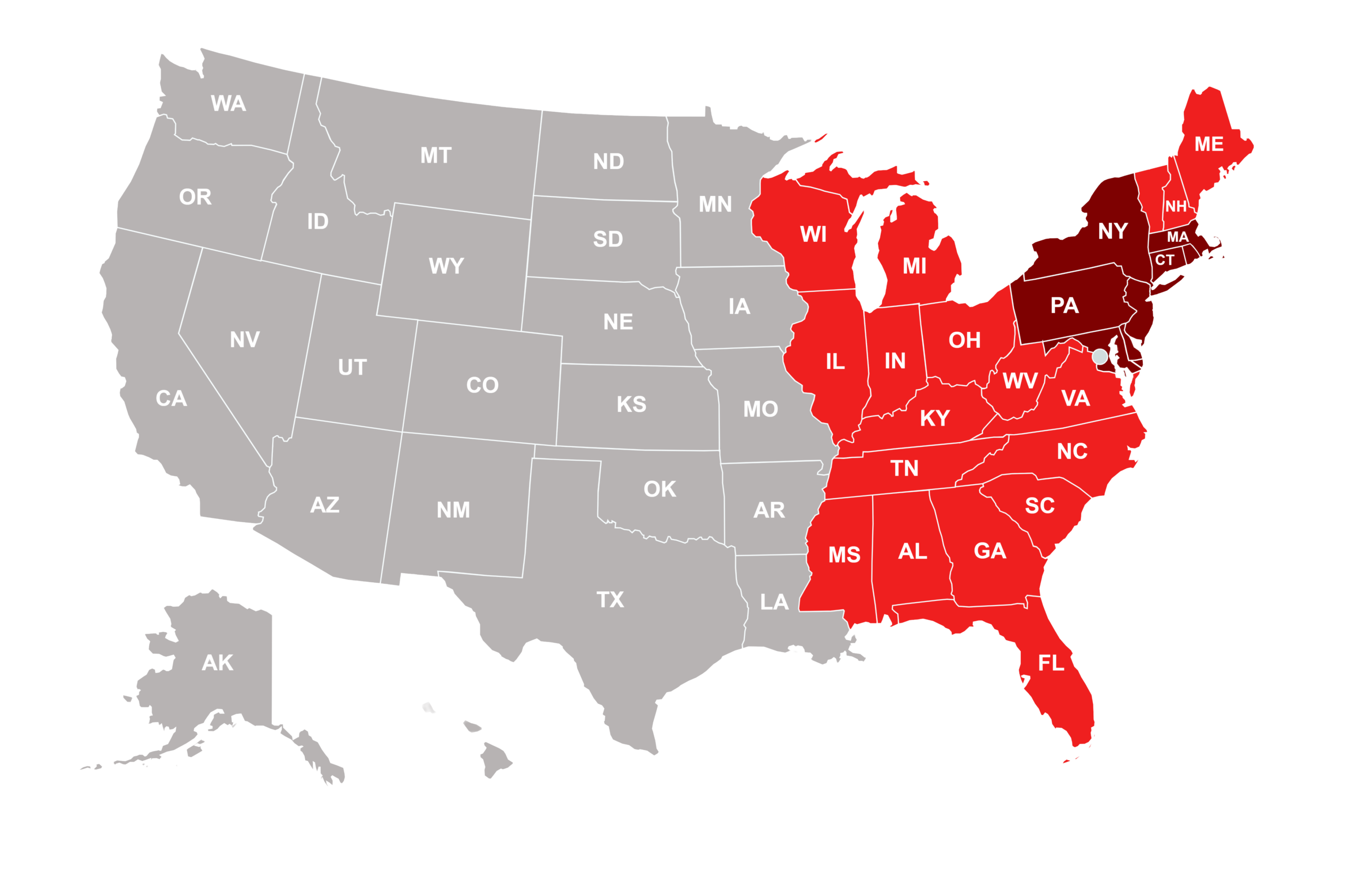 CRS Contractors service area map across the Eastern United States.